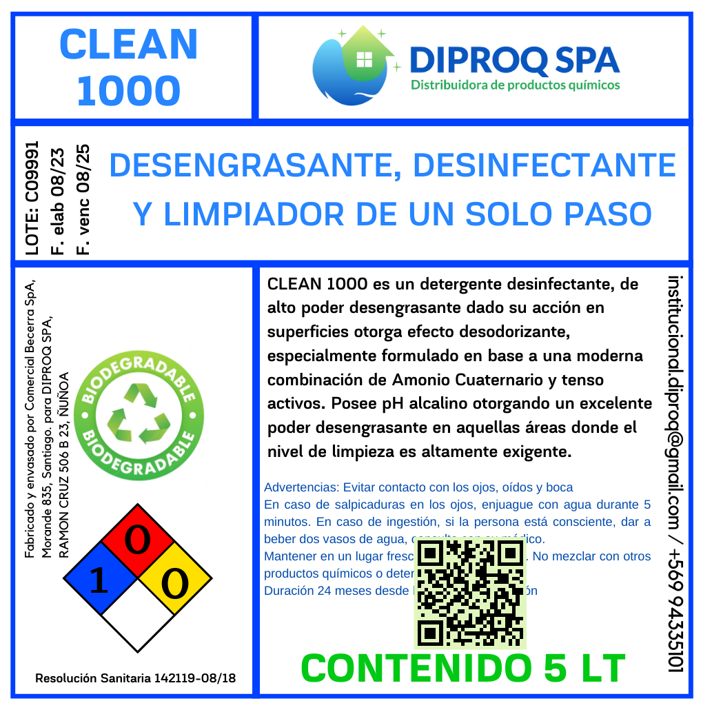 Clean 1000 Desengrasante, desinfectante y limpiador 5 Lts
