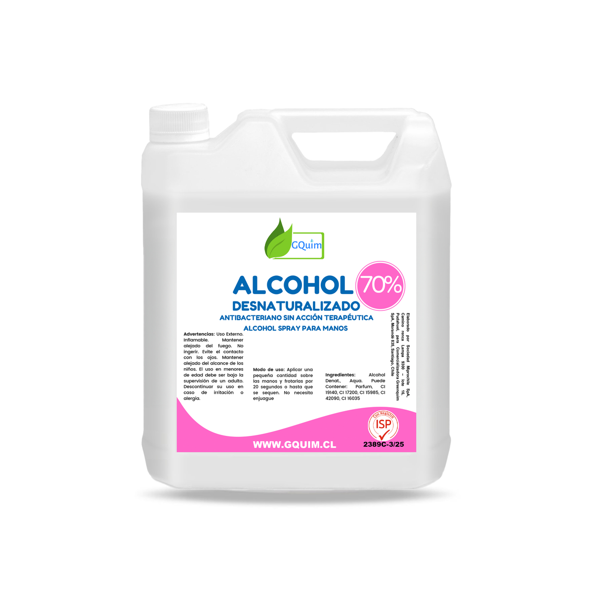 Alcohol Desnaturalizado 70% 5L - Desinfectante Certificado ISP