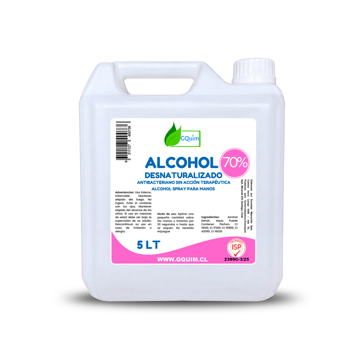 Alcohol Desnaturalizado 70% 5L - Desinfectante Certificado ISP